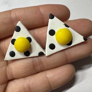Triangle Earrings with Yellow and Black Polka Dots pierced ears